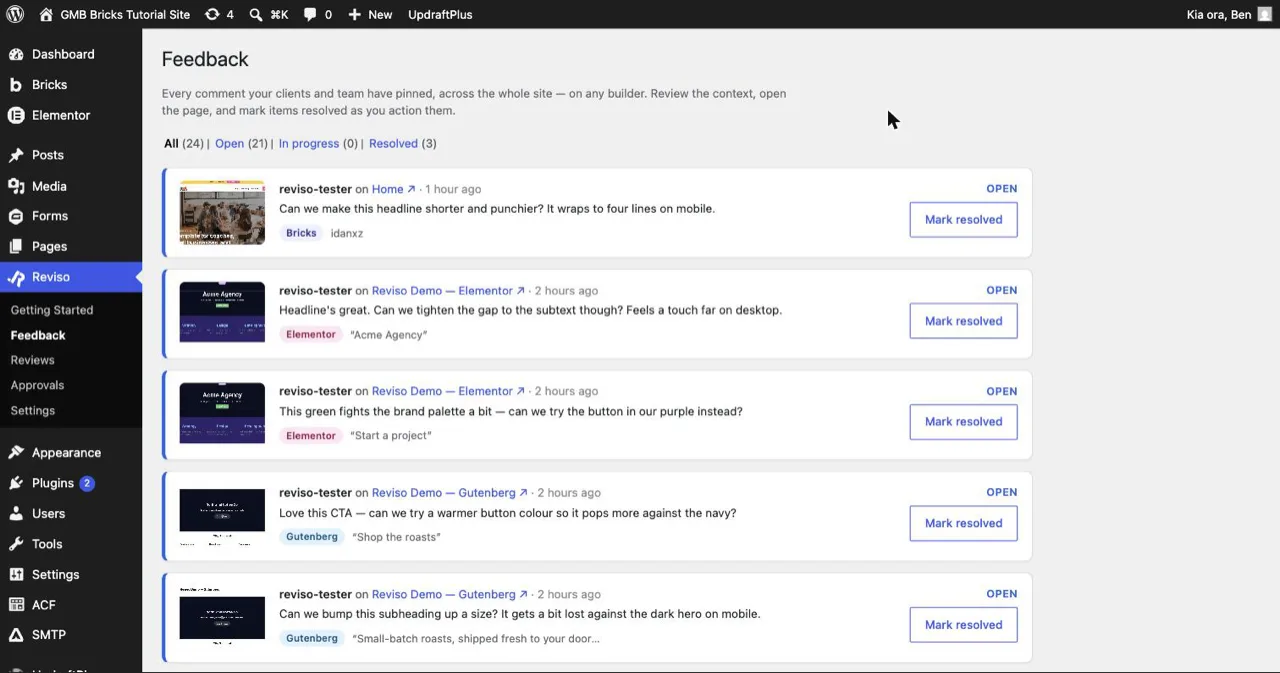 The WordPress admin Feedback screen listing client comments across the site, each with a screenshot thumbnail, the page it is on, the builder it was left in, and a Mark resolved button.