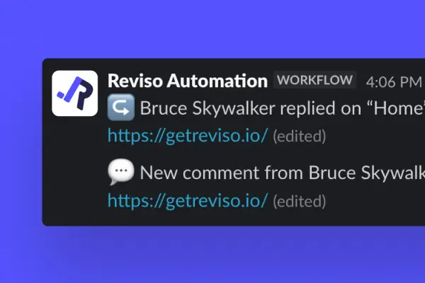Slack notification from Reviso showing a new client comment and reply