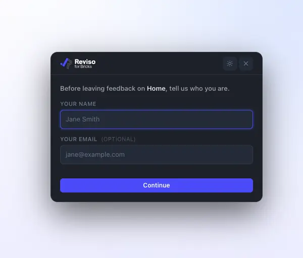 Reviso no-login reviewer prompt asking for the client's name and optional email