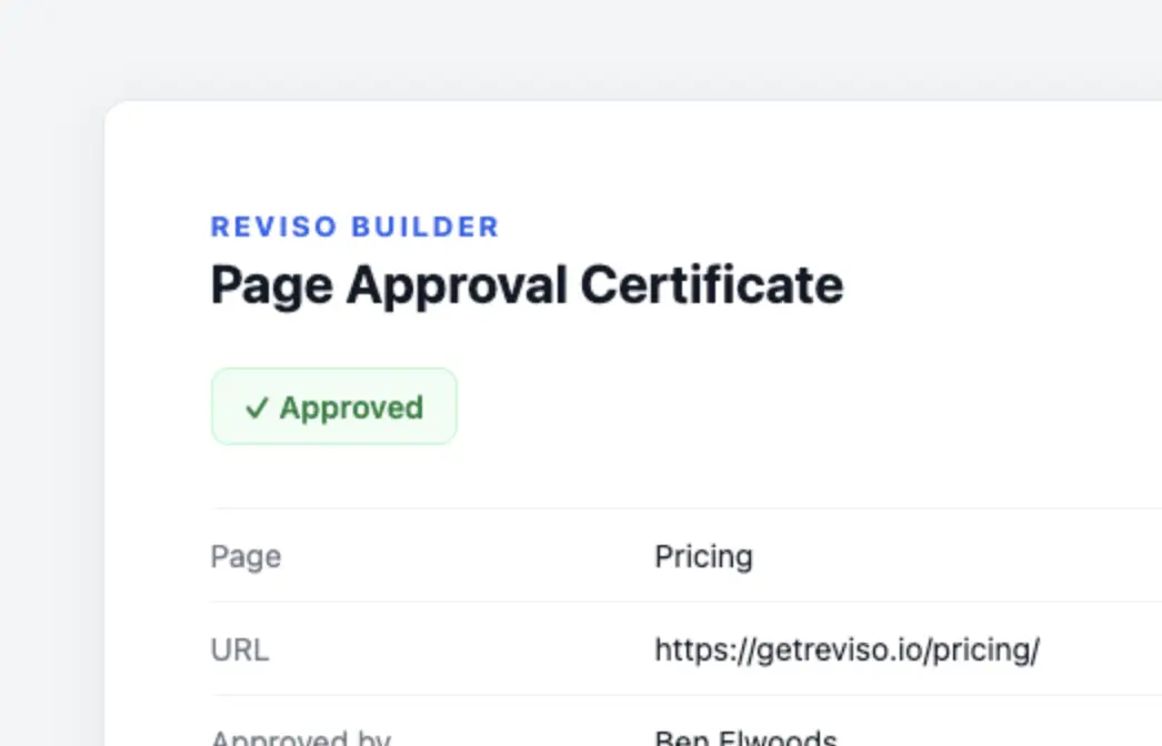 Reviso page approval certificate showing a timestamped client sign-off